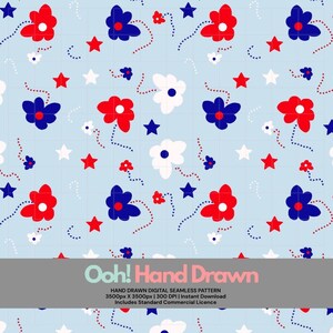 Red, white & blue ditsy floral, seamless pattern, hand drawn, PNG, instant download, digital paper, 4th of July