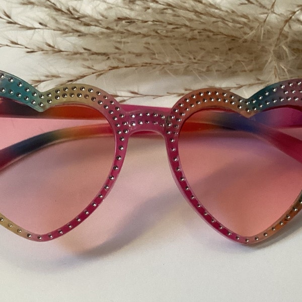 Personalised Rainbow heart sunglasses concert glasses Taylor the eras tour festivals hen do bridal party glasses with tiny diamantés