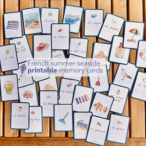 Cartões de memória à beira-mar - Vocabulário francês | download digital, imprimível, aprendendo francês, verão vintage, aquarela