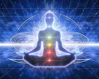May include: A glowing, translucent figure sits in a lotus position with seven chakras illuminated along the spine. The figure is surrounded by a white mandala with intricate details against a blue starry background.