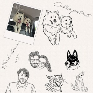 May include: Black and white line drawings of a couple, two dogs, a cat, and a rabbit. The drawings are in a hand-drawn style and are labeled "Custom portrait" and "Hand-drawn art".