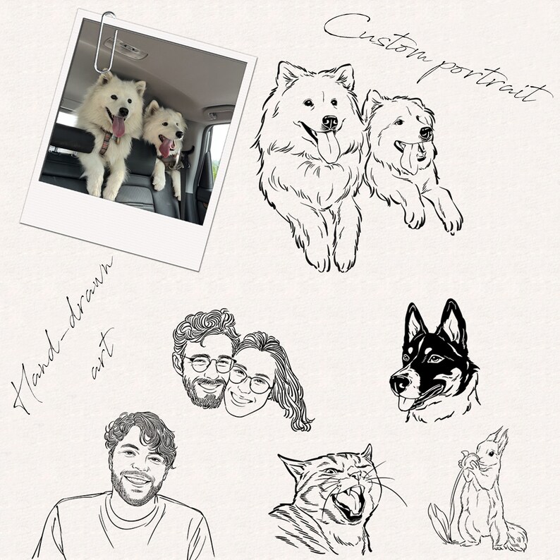 May include: Black and white line drawings of a couple, two dogs, a cat, and a rabbit. The drawings are in a hand-drawn style and are labeled "Custom portrait" and "Hand-drawn art".
