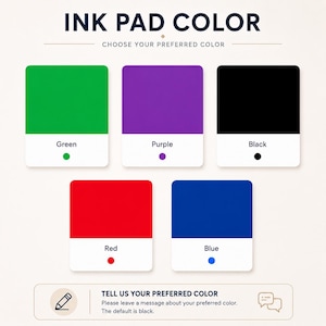 Pode incluir: Imagem mostrando op&ccedil;&otilde;es de cores de almofada de tinta: verde, roxo, preto, vermelho e azul. Cada cor &eacute; exibida em um quadrado com o nome da cor abaixo. O texto diz "INK PAD COLOR" e "ESCOLHA SUA COR PREFERIDA". Texto adicional: "DIGA-NOS SUA COR PREFERIDA".
