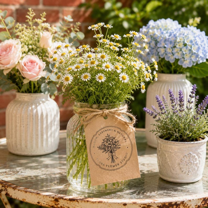 Pode incluir: V&aacute;rios arranjos florais em vasos de cer&acirc;mica branca e um frasco de vidro. Os arranjos incluem rosas cor-de-rosa, margaridas, hort&ecirc;nsias azuis e lavanda. Uma etiqueta castanha com texto est&aacute; pendurada no frasco.