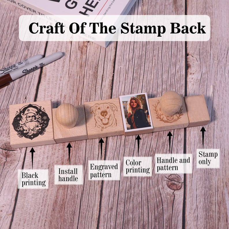 May include: Five wooden stamp blocks with different designs. The first block has a black and white image of Santa Claus. The second block has a wooden handle. The third block has an engraved pattern of a dog. The fourth block has a color printed image of a woman. The fifth block has a handle and a pattern of a wreath.