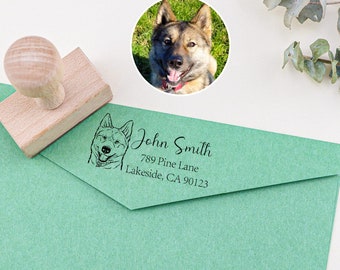 May include: A green envelope with a custom return address stamp featuring a dog's head and the text "John Smith, 789 Pine Lane, Lakeside, CA 90123".