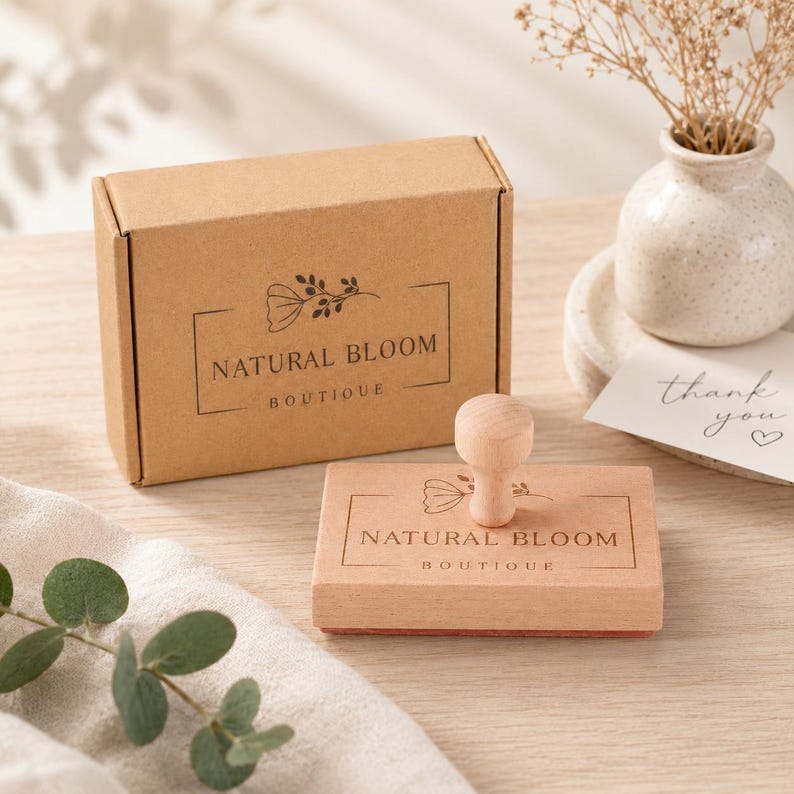 Pode incluir: Um carimbo de madeira com o texto "NATURAL BLOOM BOUTIQUE" e um design floral, juntamente com uma caixa de cart&atilde;o a condizer. A pega do carimbo &eacute; de madeira clara. Um pequeno vaso com flores secas e um cart&atilde;o de "obrigado" est&atilde;o no fundo.