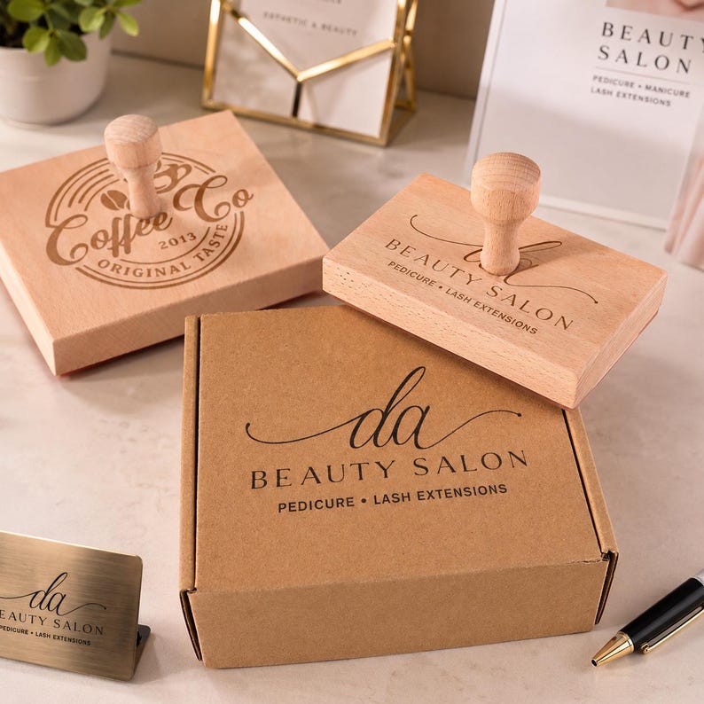 Pode incluir: Carimbos de madeira e uma caixa de cart&atilde;o. A caixa e um carimbo dizem "da BEAUTY SALON PEDICURE &bull; LASH EXTENSIONS". Outro carimbo tem "Coffee Co. ORIGINAL TASTE". Um cart&atilde;o de visita tamb&eacute;m &eacute; vis&iacute;vel.