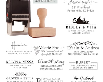 May include: A self-inking stamp and a wooden stamp are displayed. The text "CHOOSE FROM 30+ DESIGNS" is visible. Several examples of address stamps are shown, including names and addresses. The stamps are for personal or business use.
