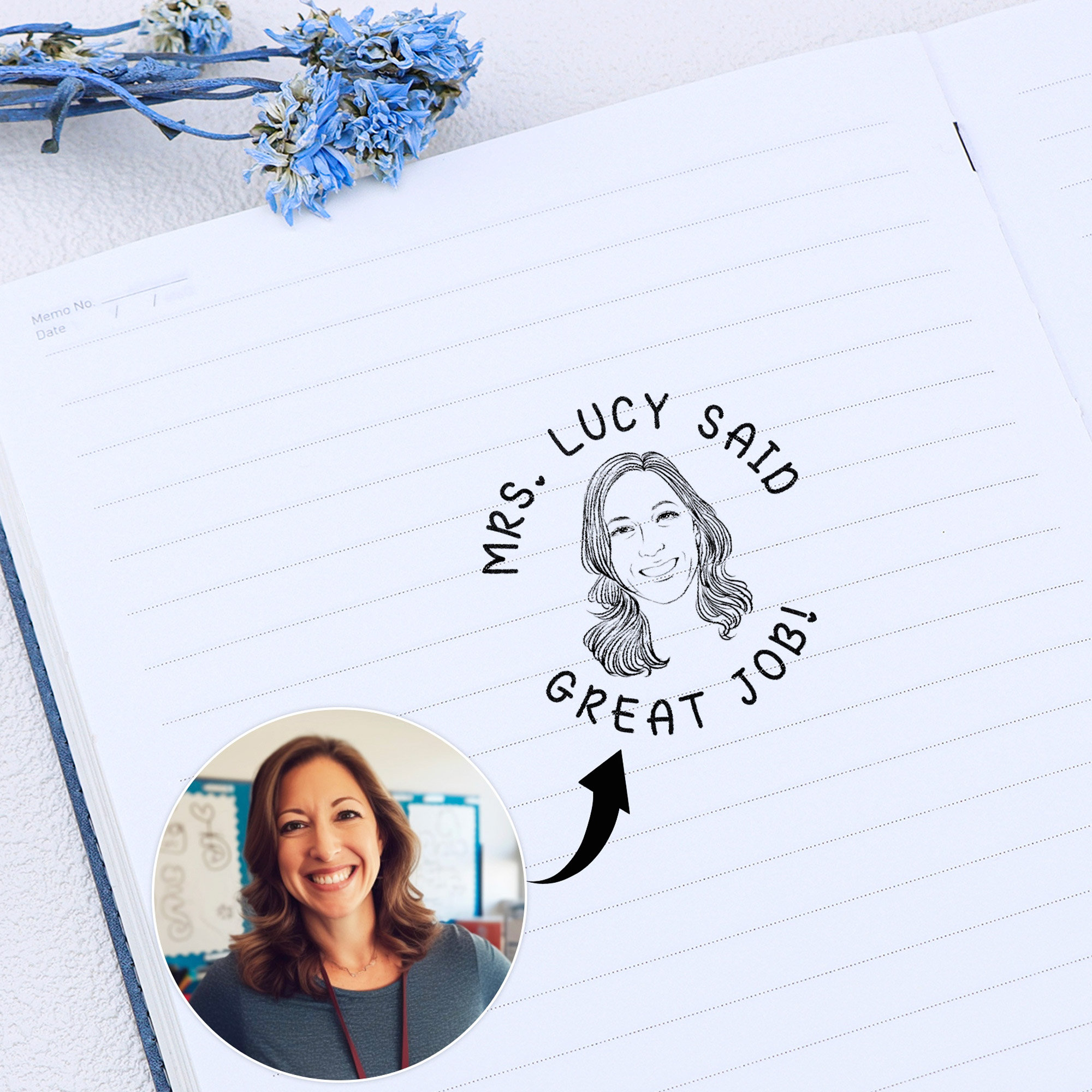 Great Job! Teacher Stamp, Personalized Teacher Stamp, Bitmoji Stamp, Teacher Gift, Custom Stamp, Hand Drawn Teacher Portrait