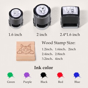 May include: Three wooden self-inking stamps with different animal designs. The stamps are available in 1.6 inch, 2 inch, and 2.4 by 1.6 inch sizes. The ink colors are green, purple, black, red, and blue.
