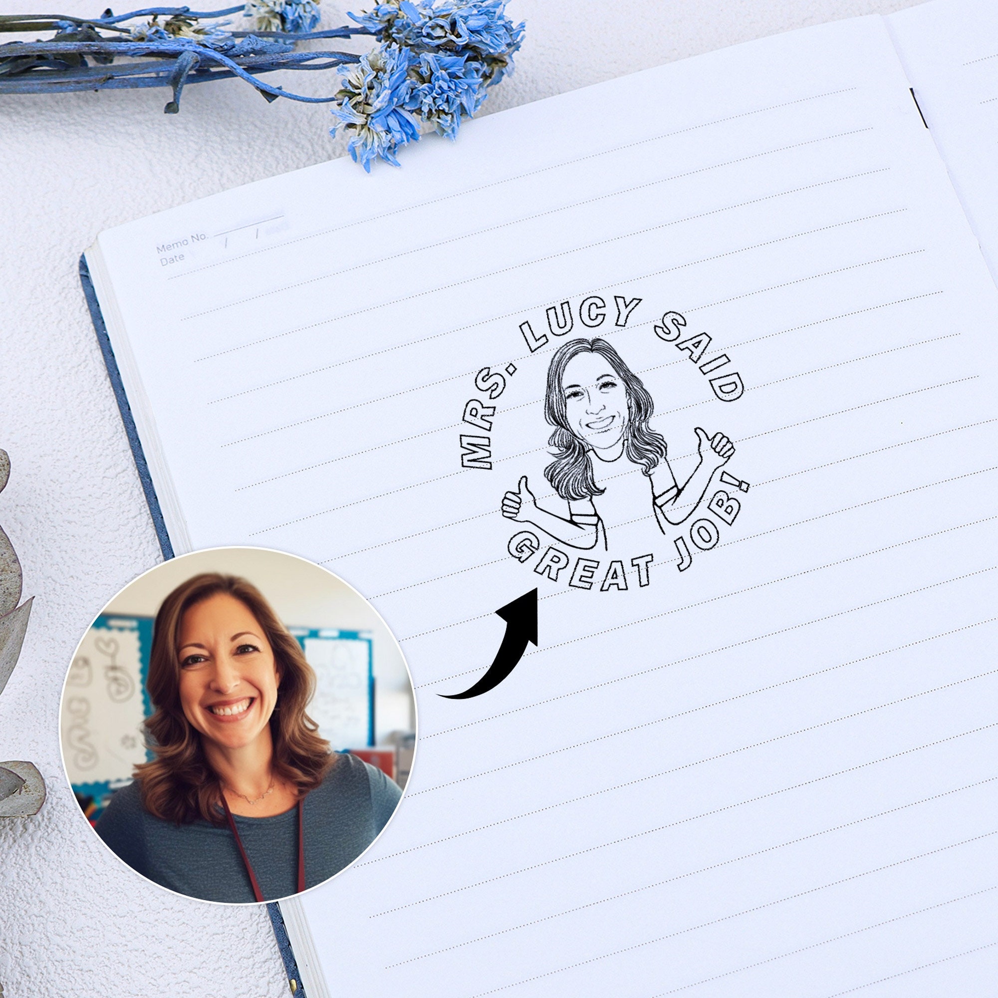 Great Job! Teacher Stamp, Personalized Teacher Stamp, Bitmoji Stamp, Teacher Gift, Custom Stamp, Hand Drawn Teacher Portrait
