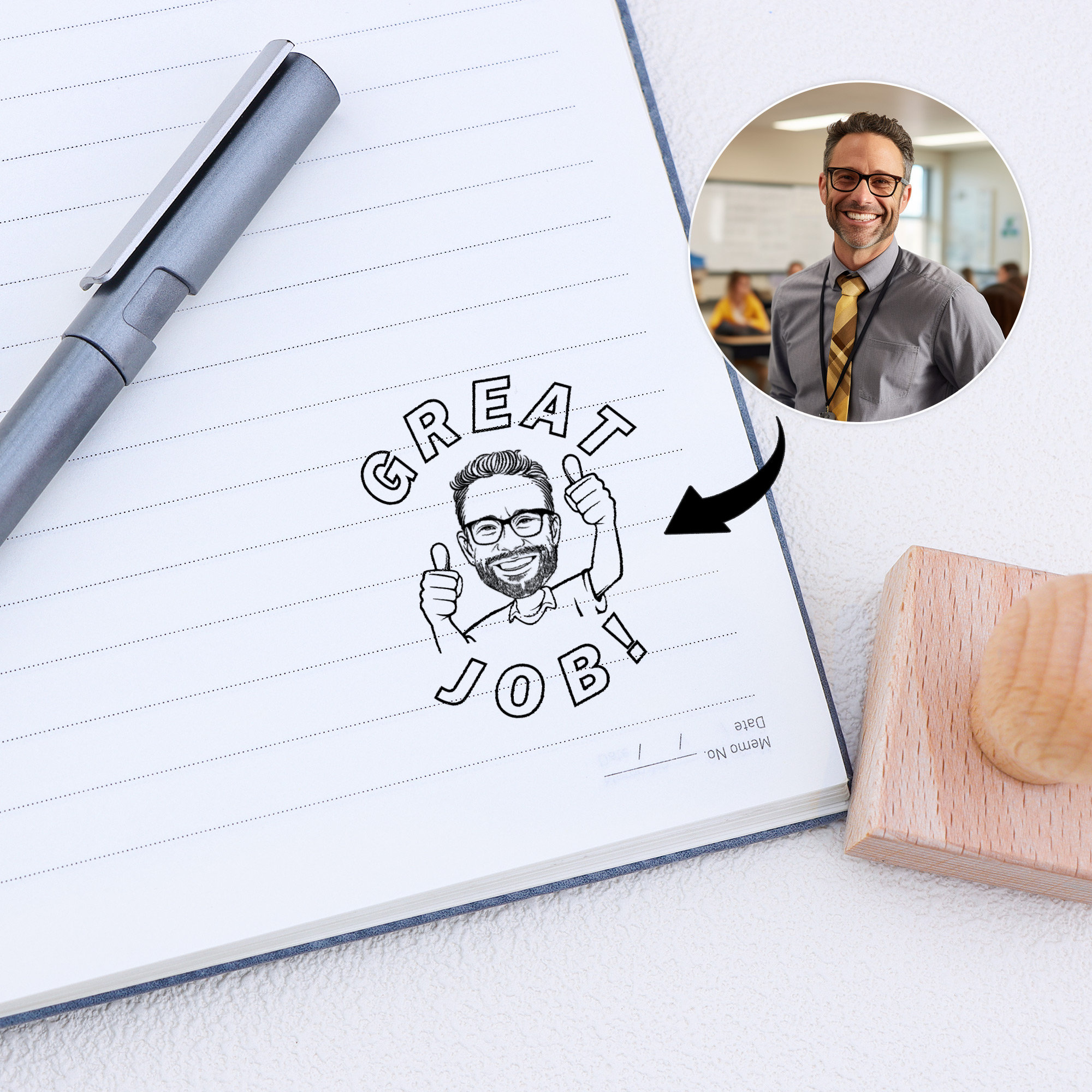 Great Job! Teacher Stamp, Personalized Teacher Stamp, Bitmoji Stamp, Teacher Gift, Custom Stamp, Hand Drawn Teacher Portrait