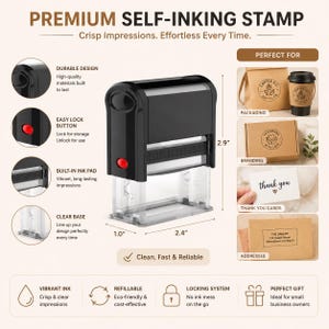 Pode incluir: Um carimbo auto-tinteiro preto com base transparente, medindo 7,3 cm de altura, 6,1 cm de largura e 2,5 cm de profundidade. O carimbo possui um bot&atilde;o de bloqueio vermelho e &eacute; rotulado como "PREMIUM SELF-INKING STAMP". &Eacute; projetado para embalagens, branding, cart&otilde;es de agradecimento e endere&ccedil;os.