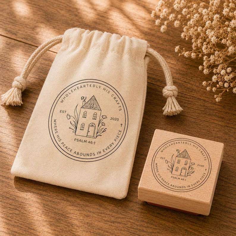 Pode incluir: Uma bolsa bege com cord&atilde;o e um carimbo de madeira com um desenho de casa e o texto "WHOLEHEARTEDLY HIS CRAFTS" e "PSALM 46:1". A bolsa e o carimbo est&atilde;o sobre uma superf&iacute;cie de madeira.