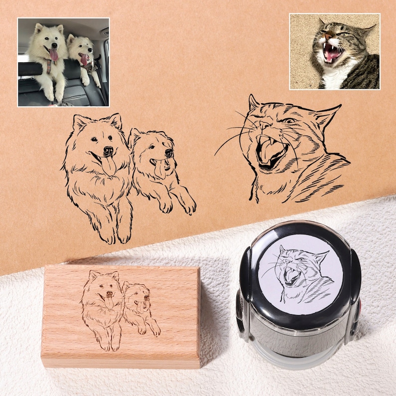 Two stamps with portraits of a cat and a dog. In the upper right corner are photos of the cat and dog. The style is simple, indicating that the stamp designs are custom-made based on the photos.