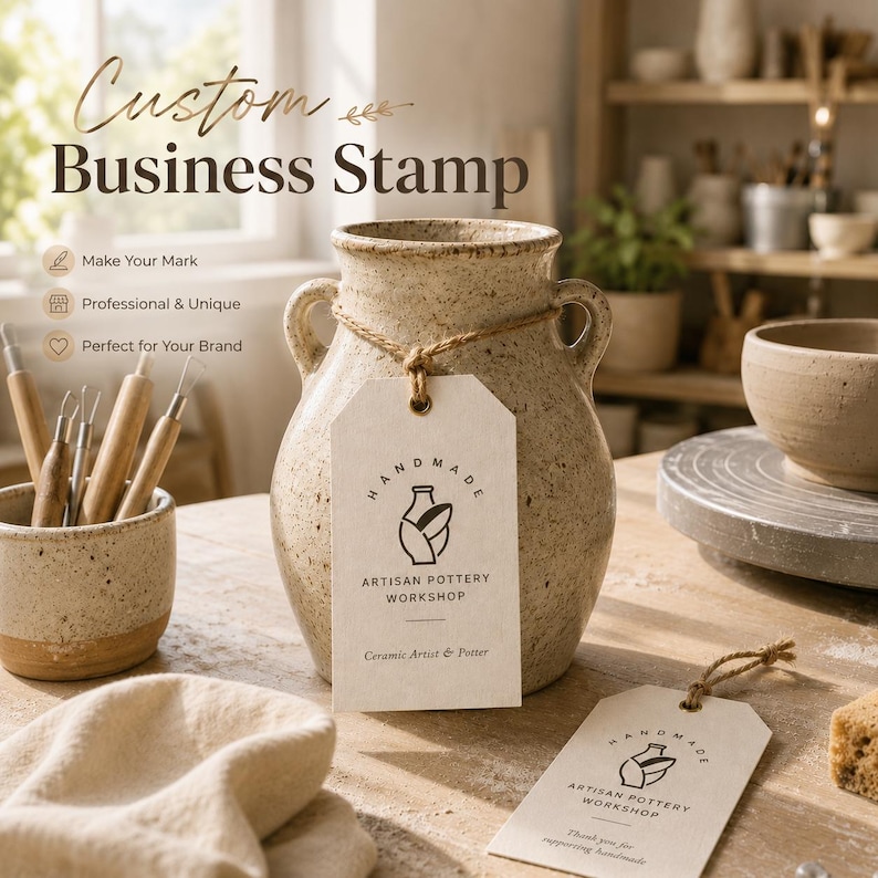 Pode incluir: Um vaso de cer&acirc;mica bege texturizado com uma etiqueta que diz "HANDMADE ARTISAN POTTERY WORKSHOP". A imagem tamb&eacute;m mostra ferramentas de cer&acirc;mica, uma pequena tigela de cer&acirc;mica e o texto "Custom Business Stamp". A cena sugere um est&uacute;dio de cer&acirc;mica.