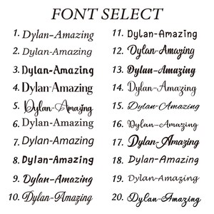 May include: A list of 20 font options for a personalized design, labeled 1 through 20. Each option displays the text "Dylan-Amazing" in a different font style.