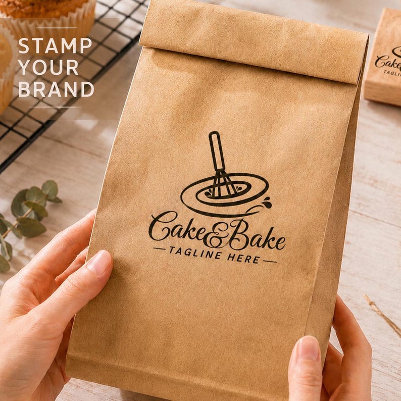 Pode incluir: Um saco de papel castanho com um log&oacute;tipo preto que diz "Cake & Bake" e um slogan. O log&oacute;tipo apresenta um batedor sobre um redemoinho. As palavras "Stamp Your Brand" est&atilde;o impressas a branco no canto superior esquerdo.