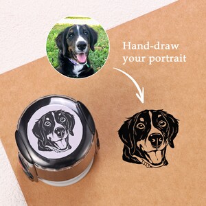 May include: A black and white hand-drawn illustration of a dog's head. The illustration is on a white background and is surrounded by a black circle. The text "Hand-draw your portrait" is written above the illustration.