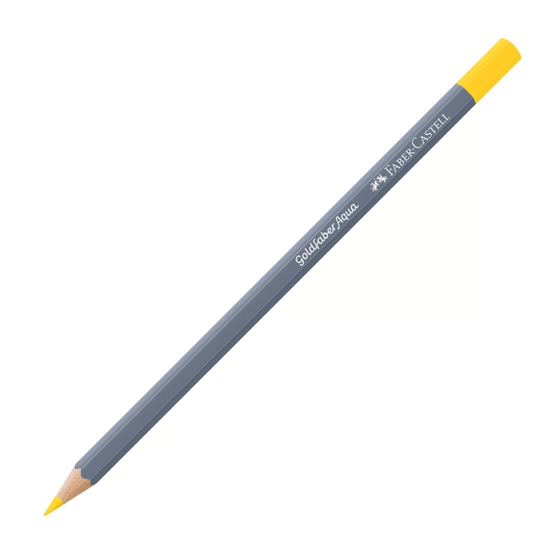 May include: A gray colored watercolor pencil with a yellow tip and the text "Goldfaber Aqua Faber-Castell" printed on the side.