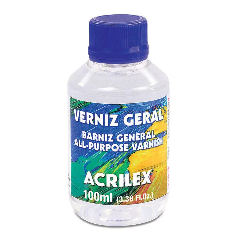 May include: A clear plastic bottle of acrylic varnish with a blue lid. The label reads "Verniz Geral Barniz General All-Purpose Varnish Acrilex 100ml (3.38 Fl.Oz.)"