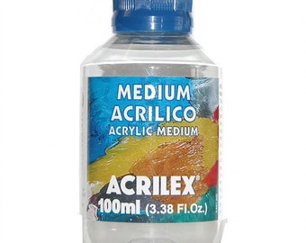 May include: A clear plastic bottle of acrylic medium with a blue lid. The label reads "Medium Acrilico Acrylic Medium Acrilex 100ml (3.38 Fl.Oz.)".
