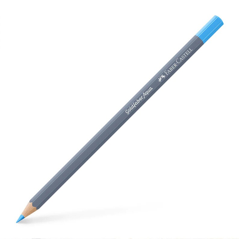 May include: A gray colored watercolor pencil with a light blue colored tip. The pencil is labeled "Goldfaber Aqua" and "Faber-Castell".