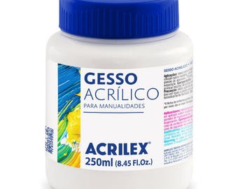 May include: A white plastic bottle of Acrilex Gesso Acrílico, a product for crafts. The bottle has a blue screw-on lid and a label with text in Portuguese. The bottle contains 8.45 fl oz (250ml) of gesso.