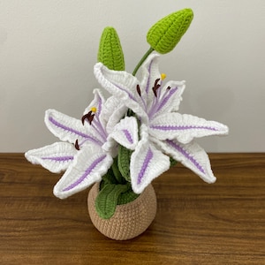 Crochet Flowers in Pot Artificial Lily Flowers Knitted Flower Bouquet Handmade flowers for Home Room crochet lily in pot, Easter Lily