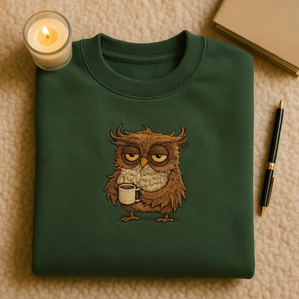 Sleepy Owl Embroidered Sweatshirt, Tired Coffee Lover Gift, Funny Owl With Coffee Mug Crewneck, Nigh