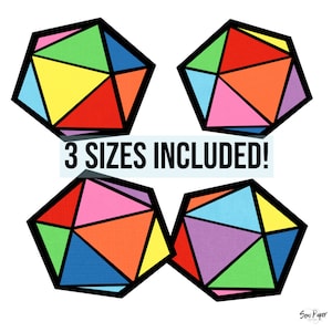 Op de afbeelding: Vier kleurrijke geometrische vormen met zwarte contouren. Elke vorm is opgebouwd uit meerdere driehoeken in verschillende kleuren, waaronder rood, oranje, geel, groen, blauw en paars. De tekst "3 SIZES INCLUDED!" is in zwart op een lichtblauwe achtergrond geschreven.