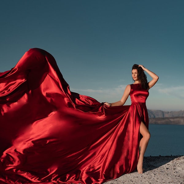 Long Flying Dress, Flying Dress for Photoshoot, Long Train Dress, Photoshoot Dress, Flowy Dress, Satin Dress, Santorini Flying Dress