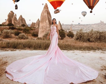 Long Flying Dress, Flying Dress for Photoshoot, Long Train Dress, Photoshoot Dress, Flowy Dress, Satin Dress, Santorini Flying Dress