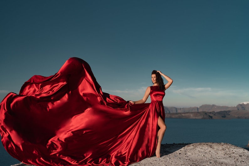 Long Flying Dress, Flying Dress for Photoshoot, Long Train Dress, Photoshoot Dress, Flowy Dress, Satin Dress, Santorini Flying Dress