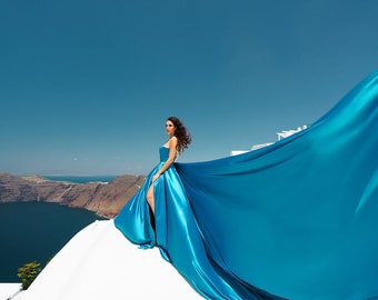 Corset Vliegende jurk Lange treinjurk Fotoshoot jurk turquoise trouwjurk Soepel vallende jurk zijde satijn