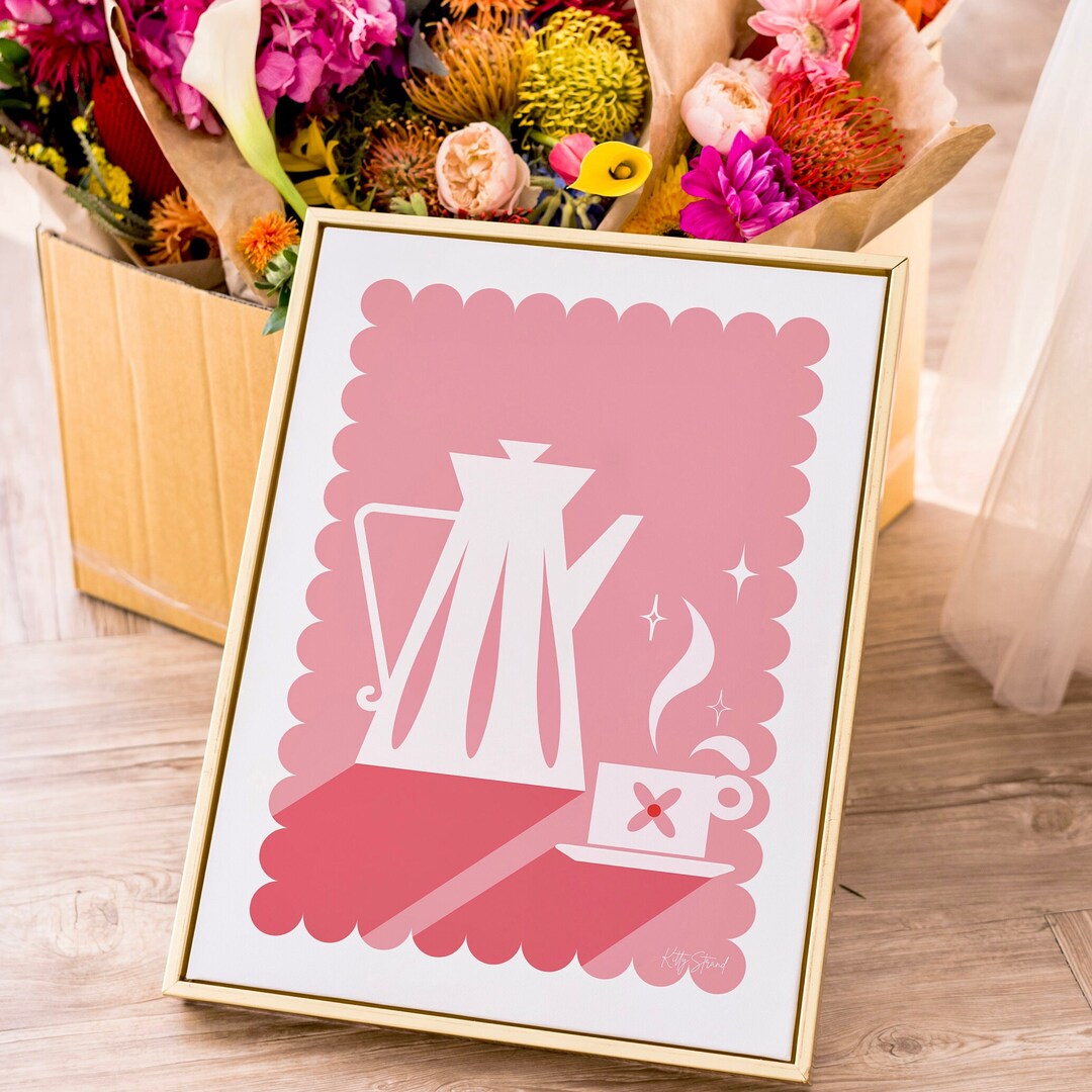 Printable Pink Coffee Art Pink Kitchen Wall Art Tea Poster Mid Century