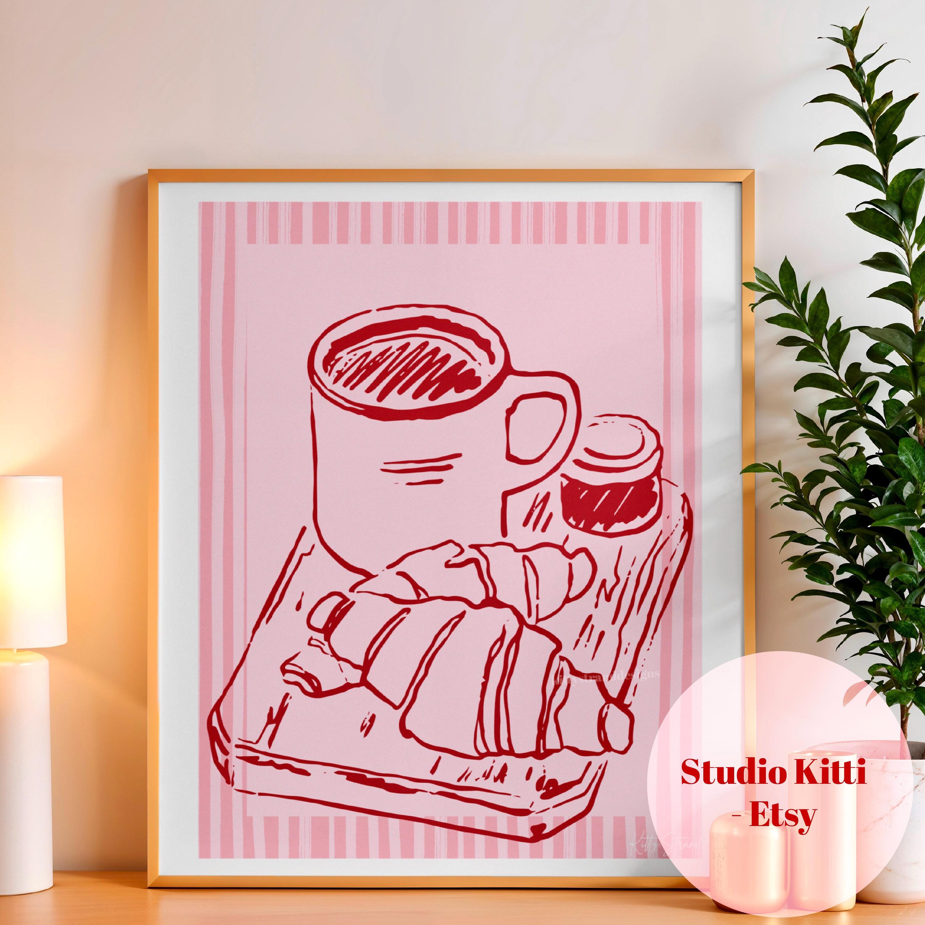 Printable Coffee & Croissants Art Print - Kitchen Wall Art - Breakfast Nook Art - Gallery Wall Art - Gift for Her - Blush Pink Striped Art