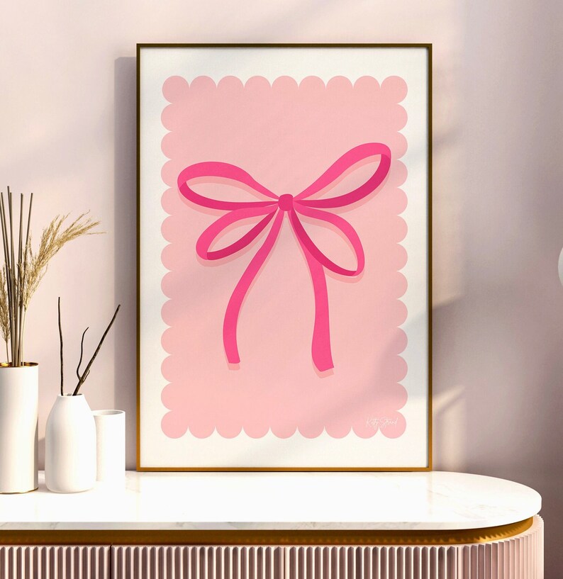 Printable Pink Ribbon Art Print Digital Coquette Art Bow Art Pink Scalloped Edge Art Pretty Art ...