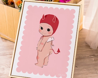 Printable Cute Devil Kewpie Art Print- Kewpie Digital Art - Little Devil Cherub Art - Sonny Angel Inspired Art Print - Pink Gallery Wall