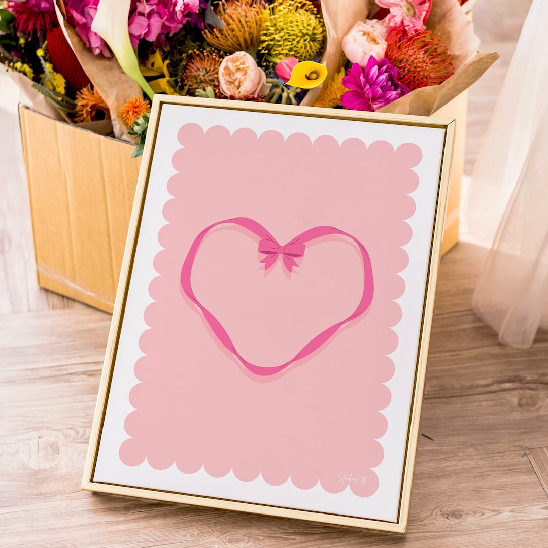 Printable Pink Ribbon Art Print Digital Coquette Art Bow Art Pink Scalloped Edge Art Pretty Art ...