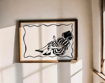 Printable Book Art Print - Horizontal Art Print - Above Bed Art Print - Black & White Line Art - Continuous Feminine Line Art Print - JPG