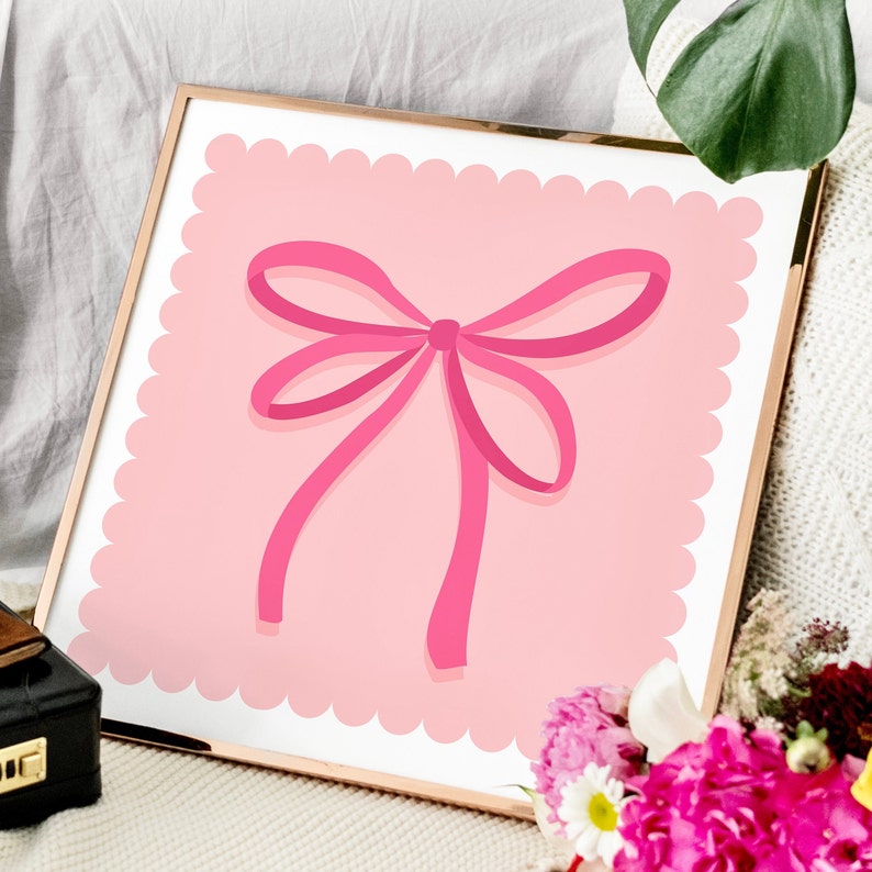 Printable Pink Ribbon Art Print Digital Coquette Art Bow Art Pink Scalloped Edge Art Pretty Art ...