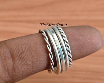 Handmade Sterling Silver Statement Ring Set: Dainty Boho Bands, Set of 5 Floral Design,
