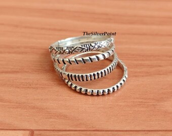 Silver Stackable Ring Set, 4 Piece Designer Band Rings, Boho Minimalist Rings, Everyday Jewelry
