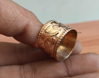 Copper Floral Ring Wide Band, Engraved Statement Ring, Vintage Style Handmade Jewelry
