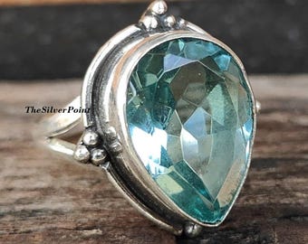 Pear Aquamarine Sterling Silver Ring: Handmade Boho Statement Jewelry