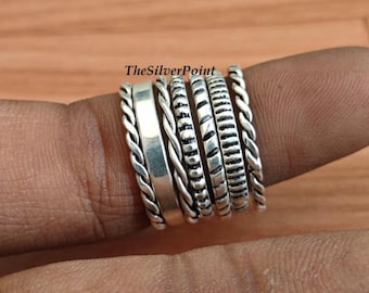 Silver Stackable Rings Set, Bohemian Style Band Ring, Daily Wear Ring, Unique Textured Jewelry