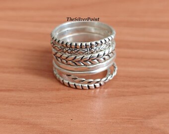 Silver Stackable Ring Set, 7 Piece Designer Rings, Boho Band Ring Set