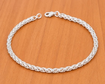 Sterling Silver Wheat Chain Bracelet, Braided Link Anklet, Unisex Jewelry, 3.5mm Thick